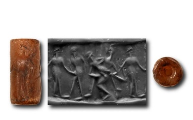 Old Syrian Limestone Cylinder Seal with Erotic Scenes