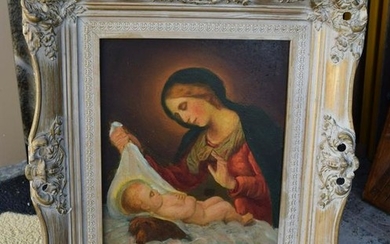 Older Framed Painting on Canvas + Madonna and Child +