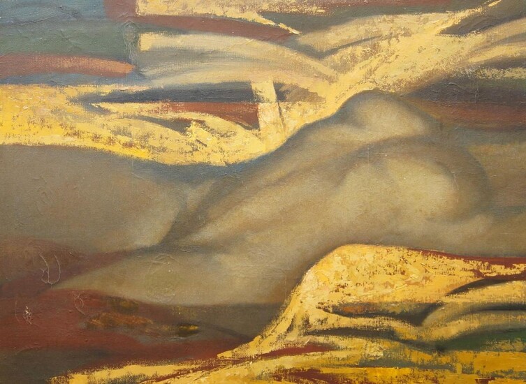 Oleksandr Rozhkov, Russian b.1957- Nude in a landscape, 1991; oil on canvas, signed and inscribed in Cyrillic, and dated on the reverse, 59.7 x 79.7 cm (unframed)