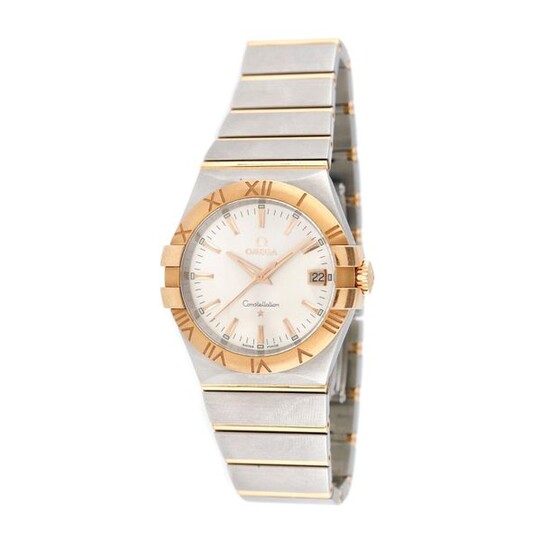 Omega Constellation bracelet watch, rose gold and steel, unisex, provenance documents, stainless steel; rose gold 18 k, d=35 mm / Unisex rose gold Omega Constellation wristwatch, reference 123.20.35.60.02.001, quartz movement. Silver dial with date at...