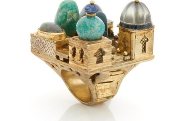 Oversized Brass and Hardstone Middle Eastern Architectural Ring