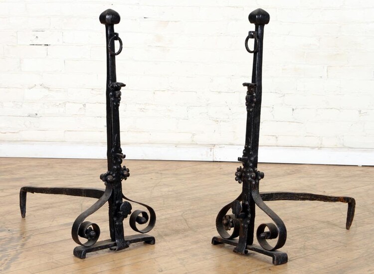 PAINTED IRON ANDIRONS SCROLL FORM BASES C. 1900