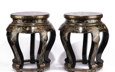 PAIR CHINESE POLYCHROME LACQUER PAINTED GARDEN STOOLS