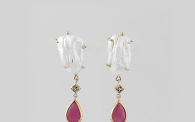 PAIR OF FRESHWATER PEARL, RUBY, SYNTHETIC GEM AND GOLD EARRINGS