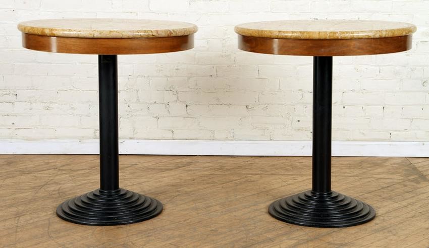 PAIR OF IRON AND MARBLE TOP END TABLES C.1950