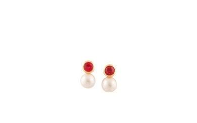 PAIR OFCULTURED PEARL, RUBY AND GOLD EARRINGS