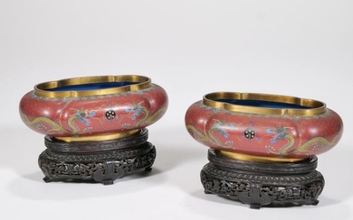 PAIR RED DRAGON CLOISONNE LOBED VESSELS