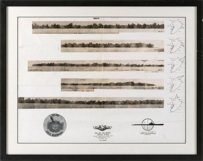 PHOTO COLLAGE OF THE U.S.S. BURRFISH Includes black and white photographs and three topographical maps. Framed 22.5" x 28.5".
