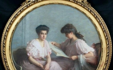 PORTRAIT OF TWO WOMEN IN A PARIS OIL PAINTING