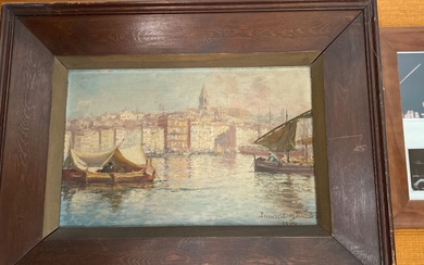 PRIEUR BARDIN (XIX-XXe siècle) Vue de port du Sud, 1904 Huile sur toile. Signée en...
