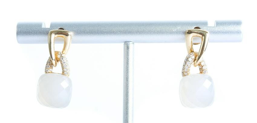 Pair, 14K YG White Quartz & Diamond Earrings