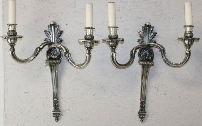 Pair French Louis XV style nickel plated sconces
