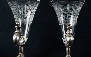 Pair Of German 800 Fine And Crystal Cornucopia Vases