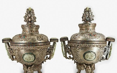 Pair Of Mongolian Silver Plated Lidded Urns, Jade Insets