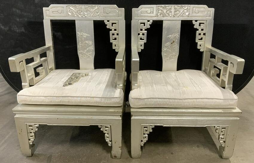 Pair Silver Toned Ming Style Armchairs