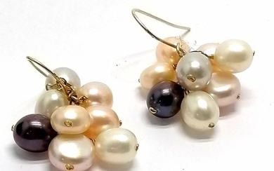 Pair of 14ct marked gold multi coloured pearl drop earrings ...