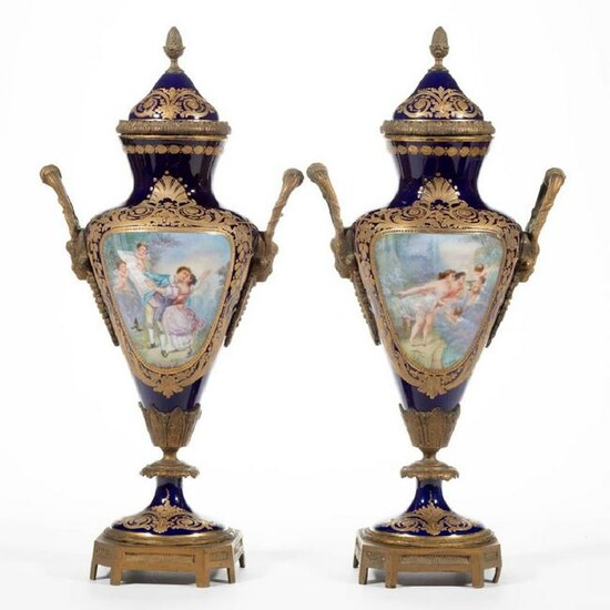Pair of 19th C. Sevres Porcelain & Bronze Covered Urns
