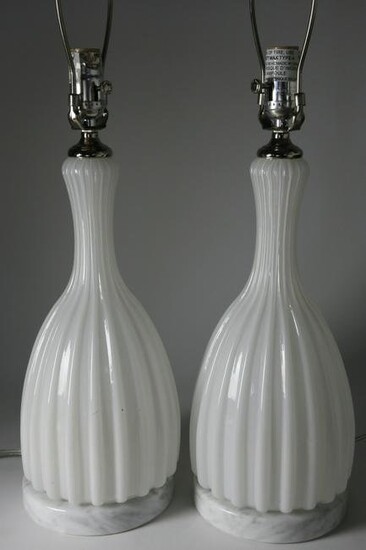 Pair of Contemporary Milk Glass Lamps on Marble Bases