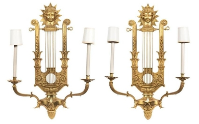 Pair of Empire Style Gilt-Bronze Two-Light Lyre Sconces