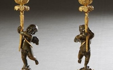 Pair of Gilt and Patinated Bronze and Marble Figural