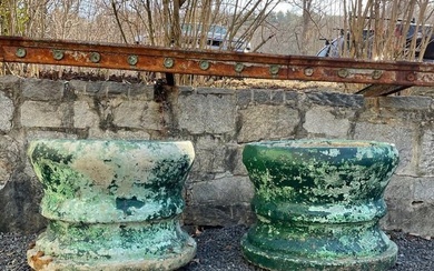 Pair of Large Round French Cast Stone Planters in Green-Painted Surface