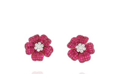 Pair of ruby and diamond ear clips