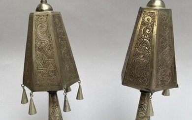 Pair of silver plated metal Torah Rimonim with bells