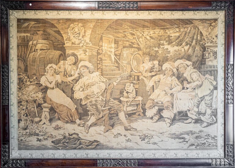 Paire de tapisseries avec des scènes de genre 19ème siècle 212x144 cm dans un cadre...