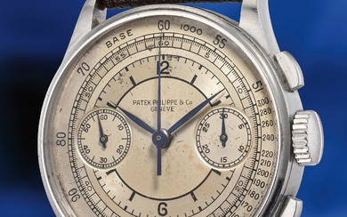 Patek Philippe, Ref. 130 An extremely rare and supremely attractive stainless steel chronograph wristwatch with two-tone sector dial