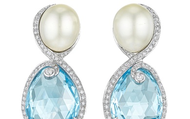 Pearl, Blue Topaz and Diamond Earclips