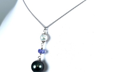 Pearls RD Ø 7,2 to 12,2 mm - 925 Akoya pearls, Silver, Tahitian pearl - Necklace - Tanzanites