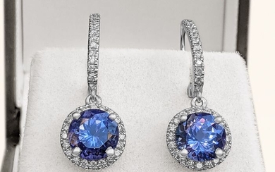 Perfect Color 3.29 ct Tanzanite and Diamonds Earrings - 14 kt. White gold - Earrings - 3.29 ct Tanzanite - Diamonds, NO RESERVE