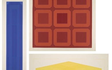 Peta Strand, British 20th Century- Red, Blue and Yellow abstracts; three screenprints in colours on wove, each signed and numbered from editions of 70 in pencil, sheets 47.6 x 83.6 91.4 x 25.5 and 69 x 69cm (unframed) (3) (ARR) Provenance: The...