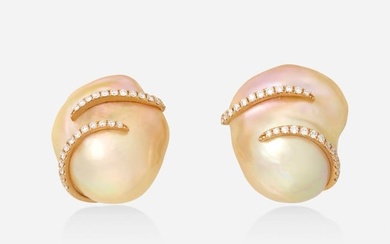 Pink baroque cultured pearl, diamond, and pink gold earrings