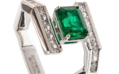 Platinum, Emerald and Diamond Geometric Ring