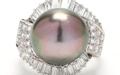 Platinum, Tahitian Pearl, and Diamond Ring