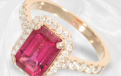 Precious, like new and very beautiful rubellite/brilliant-cut diamond goldsmith ring, 18K pink gold