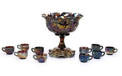 Punch Set, Carnival Glass, Many Fruits By Dugan