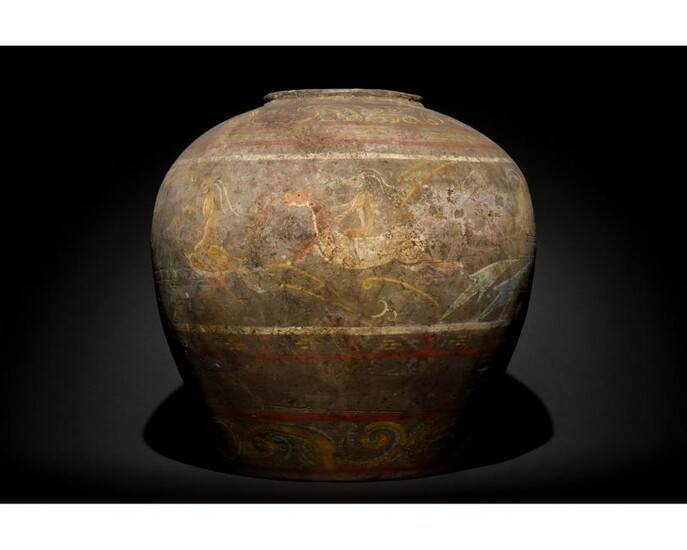RARE CHINESE HAN DYNASTY TERRACOTTA VESSEL PAINTED WITH