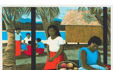 RAY CROOKE (1922-2015) Fijian Village 1991 screenprint, ed. P/P 48 x 73.5cm