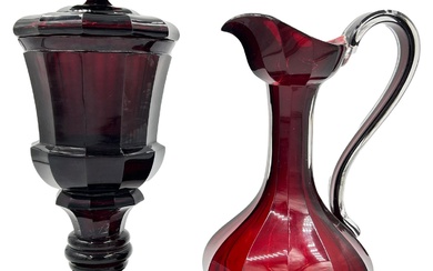 RED ELEGANCE: BOHEMIAN GLASS EWER AND GOBLET DUO This...