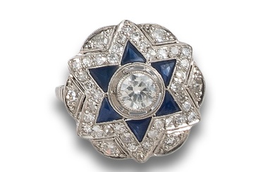 RING, ART DECO STYLE, WITH DIAMONDS AND SAPPHIRES, IN PLATINUM