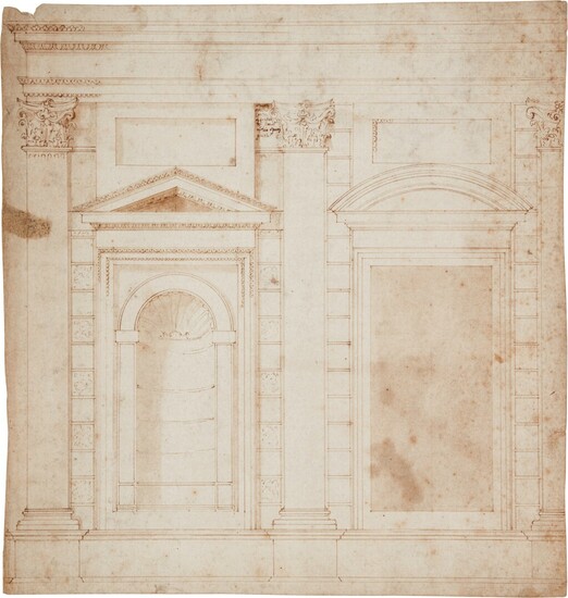 Recto: A design for two architectural niches Verso: A woman riding a satyr with a bacchanal with putti below, Attributed to Battista Franco, called il Semolei