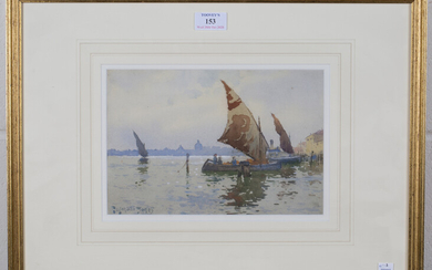 Reginald Jones - Venetian View with Moored Sailing Vessels, watercolour, signed, 17cm x 26cm, within