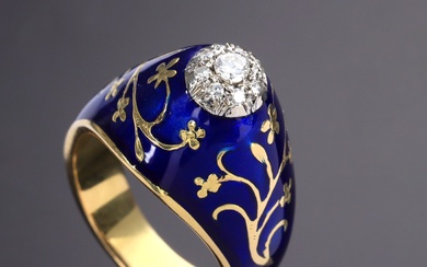Retro ring of 18 kt. gold adorned with brilliants and enamel work