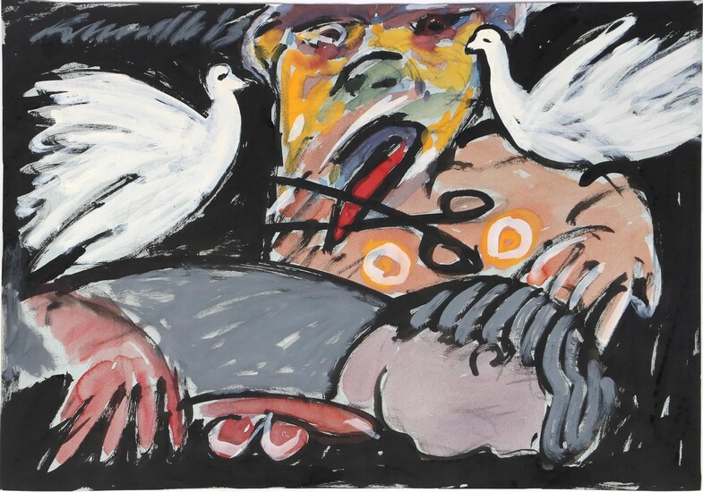 Robert Kruzdlo (1949-), Composition with figure, scissors and birds, back...