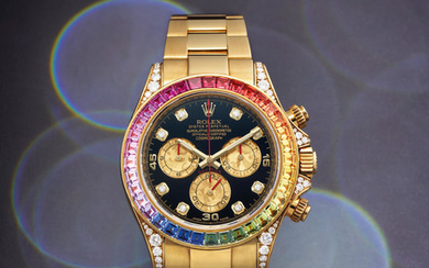 Rolex. A Fine Yellow Gold Diamond and Rainbow Sapphire-Set Chronograph Wristwatch with Bracelet