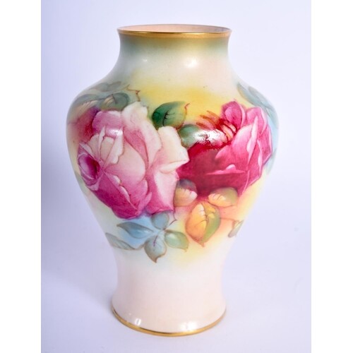 Royal Worcester vase painted with roses by M. Hunt, signed, ...