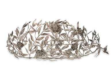 SILVER MYRTLE TIARA, TWO PINS AND A BROOCH SUITE (4)
