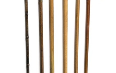SIX CANES With horn, wood and metal components. One handle carved as a dog. One with a braided leather collar. Lengths from 32" to 36".